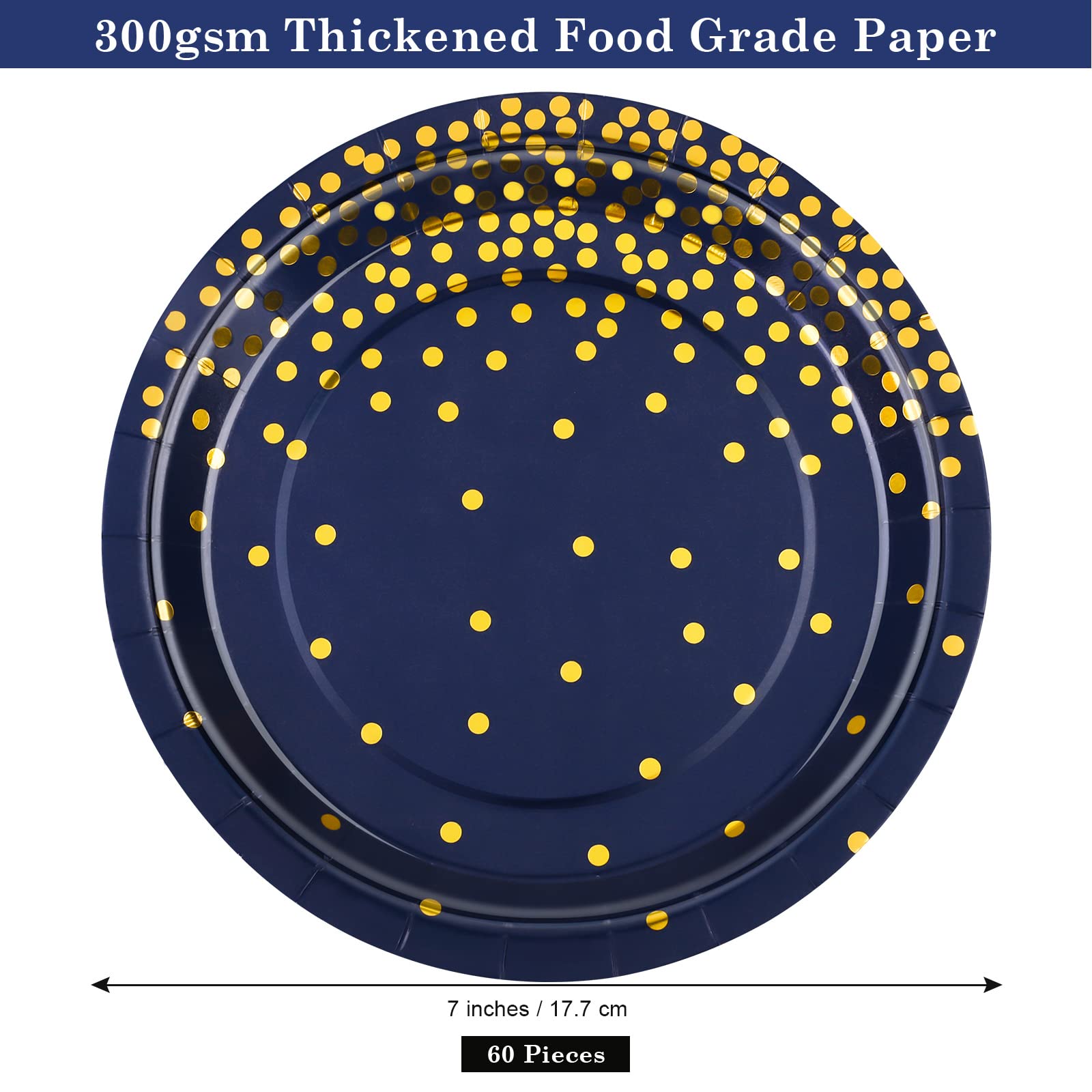 Aneco 60 Pieces 7 Inches Disposable Paper Plates Blue And Gold Foil Dot Dessert Plates Round Paper Plates For Wedding Bridal Sho